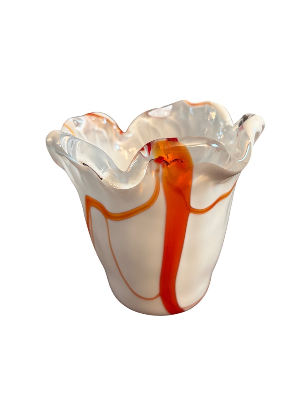 5” White & Orange Art Glass Vase Ruffled Rim